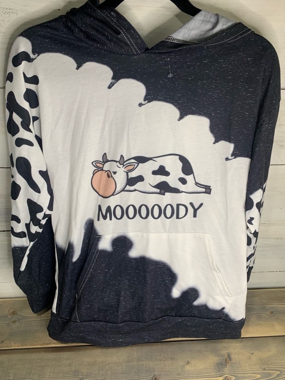 Source Unknown Black & White 'MOOOODY' Cow Print Hooded Sweatshirt